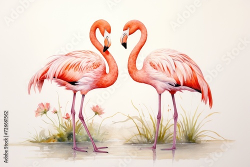 Two pink flamingos elegantly stand side by side in the water  showcasing their graceful presence  Watercolor painting of flamingos  AI Generated