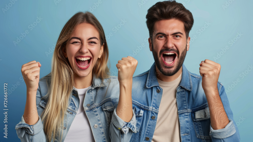man and a woman are both cheering excitedly with their fists raised, wearing denim jackets, against a blue background man and a woman are both cheering excitedly with their fists raised, wearing denim jackets, against a blue background