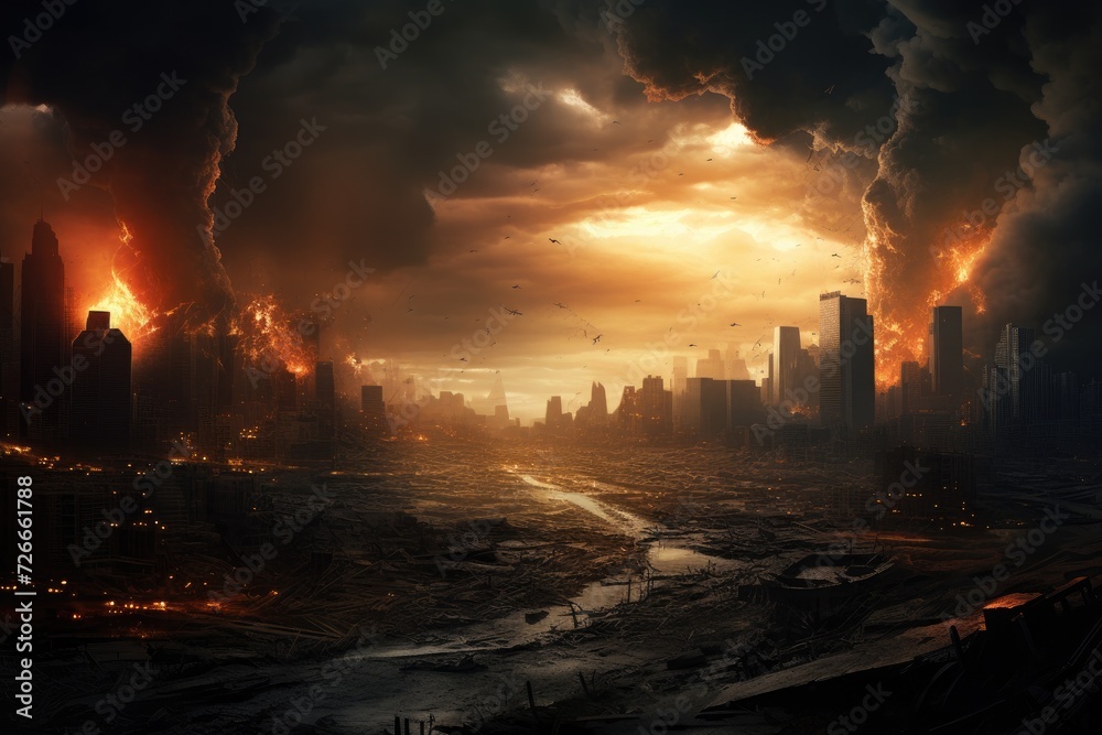 An urban area veiled in heavy smoke, releasing significant amounts of harmful pollutants into the air, World collapse, doomsday scene depicted in a digital painting, AI Generated