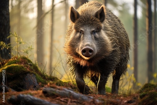 A wild boar confidently wanders through the dense woodland, showcasing its natural habitat, Wild boar Sus scrofa in the Czech Republic, AI Generated © Ifti Digital