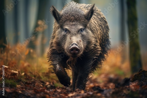 A thrilling scene unfolds as a wild boar dashes through the dense foliage of a lush forest, Wild boar Sus scrofa in the Czech Republic, AI Generated