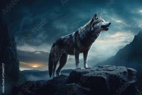 Lone Wolf Ascending, Majestic Canine Surveys Mountain, Wolf standing in front of a rock with a full moon in a magical realism matte painting portraying a dangerous and powerful creature, AI Generated
