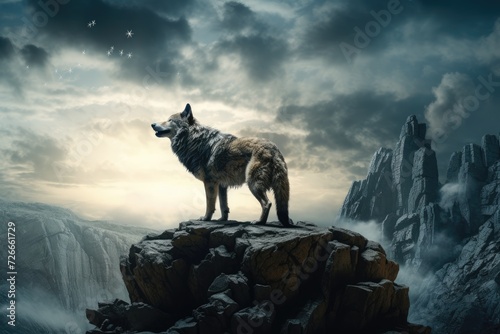 Majestic Wolf Standing on Top of Mountain, Wolf standing in front of a rock with a full moon in a magical realism matte painting portraying a dangerous and powerful creature, AI Generated