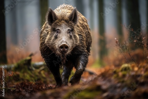 Witness the grace and strength of a wild boar as it swiftly dashes through the lush greenery of a forest, Wild boar Sus scrofa in the Czech Republic, AI Generated