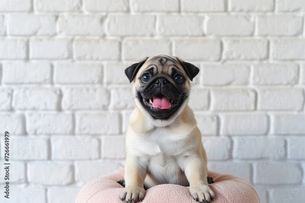 Cute pug puppy on blue pillow, rustic brick wall on background