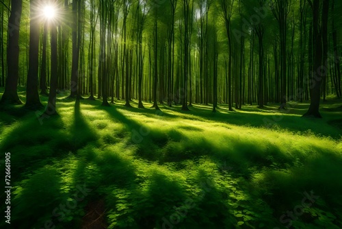  Sunlight dappling a forest glade  where the play of light and shadows forms an enchanting pattern on the vibrant green vegetation
