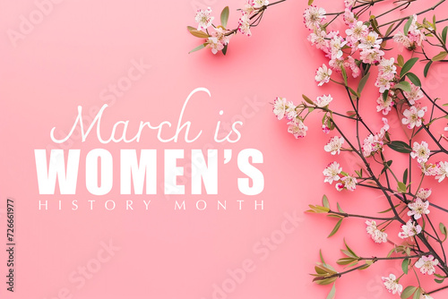 Greeting card for Women's History Month with flowers on pink background