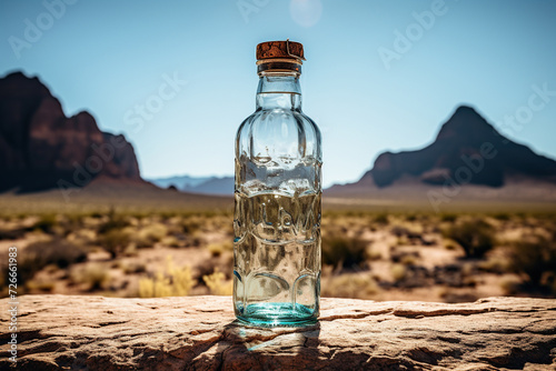 Glass bottle with water in the desert on a stone. Generative AI