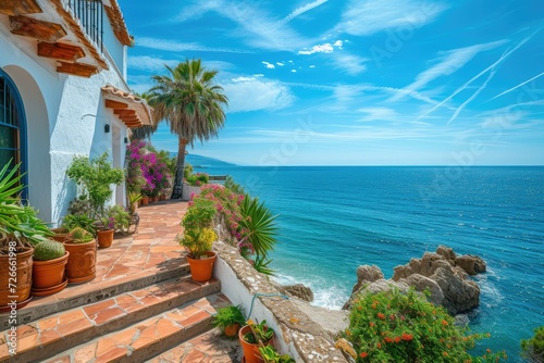 Lovely Spanish property on a bright day by the sea. Generative Ai. © Planum