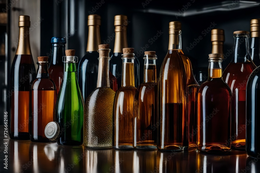 Obraz premium Close-up view of many bottles, each with its own distinct contents, artfully arranged on a modern kitchen counter.