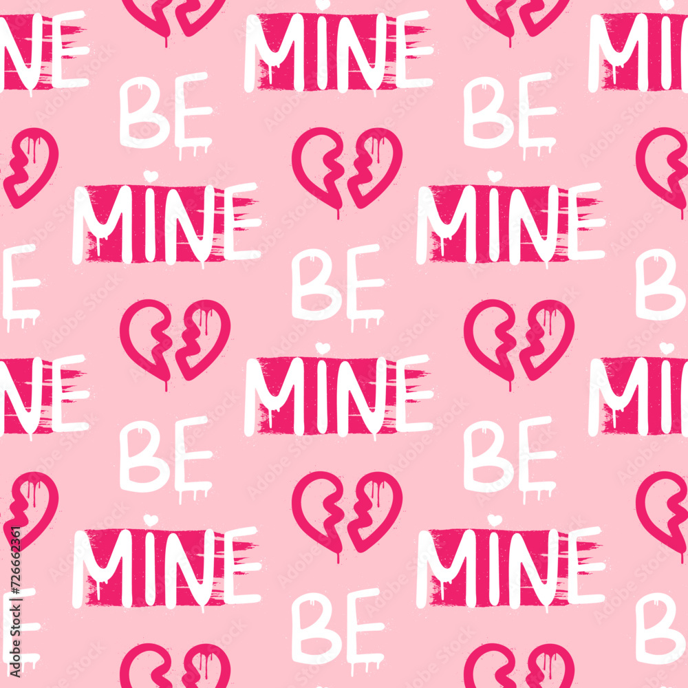 Pink graffiti clip art. Urban street style. Be mine seamless pattern. Valentine's day elements. Modern print. Y2k love sign. Splash effects and drops. Grunge and spray texture.