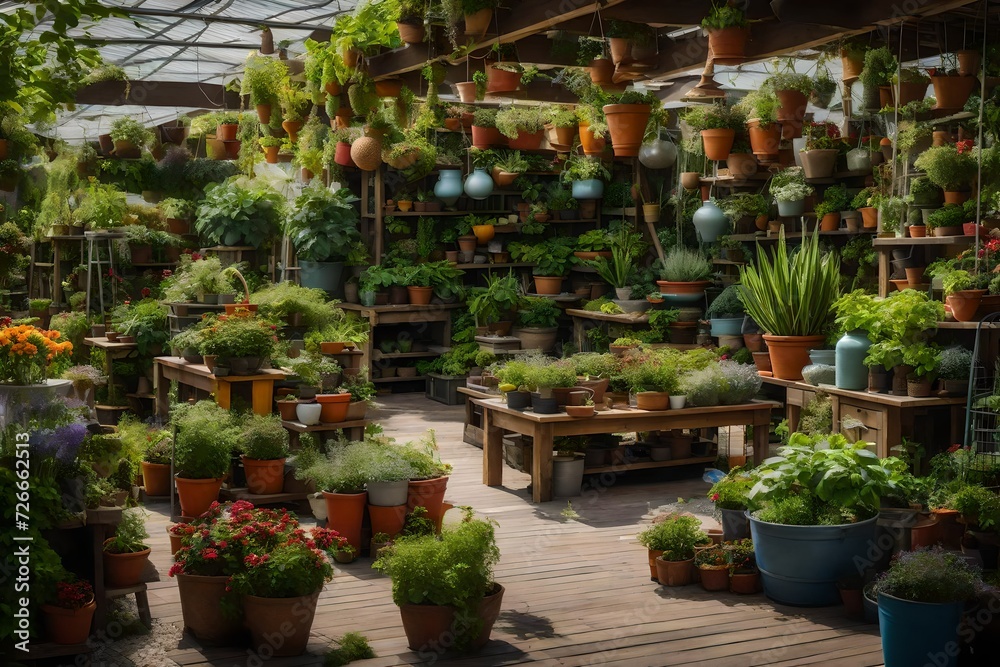 An outdoor garden center stocked with plants, gardening tools, and outdoor decor.
