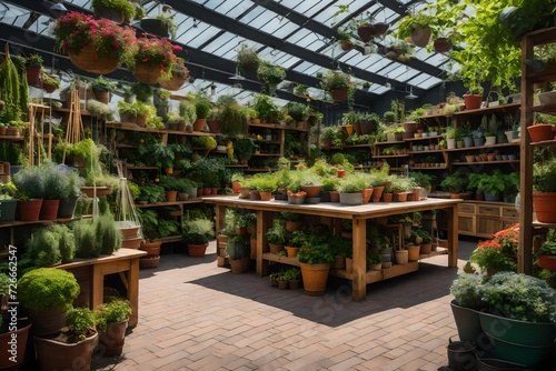 An outdoor garden center with plants, gardening tools, and outdoor decor