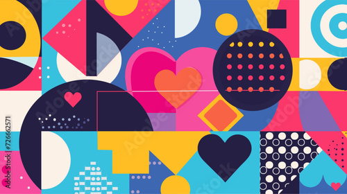 This vibrant vector illustration, titled "Colorful Harmony of Hearts," features a cheerful and optimistic pattern of geometric shapes, including playful hearts. The lively arrangement creates a joyful