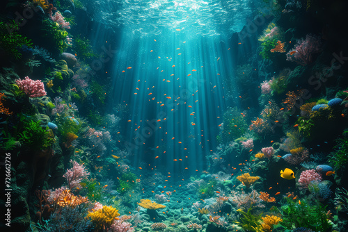 An AI interpretation of underwater life, creating a fantastical seascape that transcends physical boundaries. Concept of AI in exploring oceanic mysteries. Generative Ai. © Sebastian