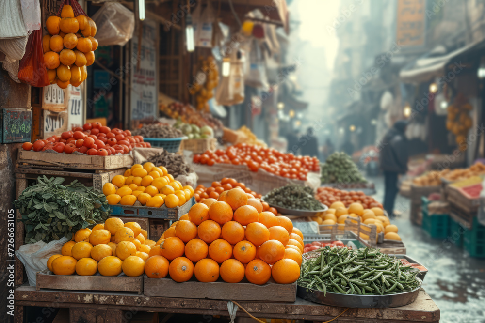 A film image of a bustling market, with the grain and color rendition adding authenticity to the scene. Concept of film photography in documenting everyday life. Generative Ai.