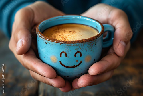 Man's hands holding a blue coffee cup with happy face. Morning coffee and positivity concept.