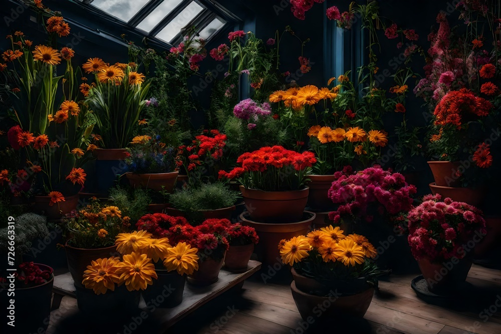 A bright display of seasonal flowers and potted plants 