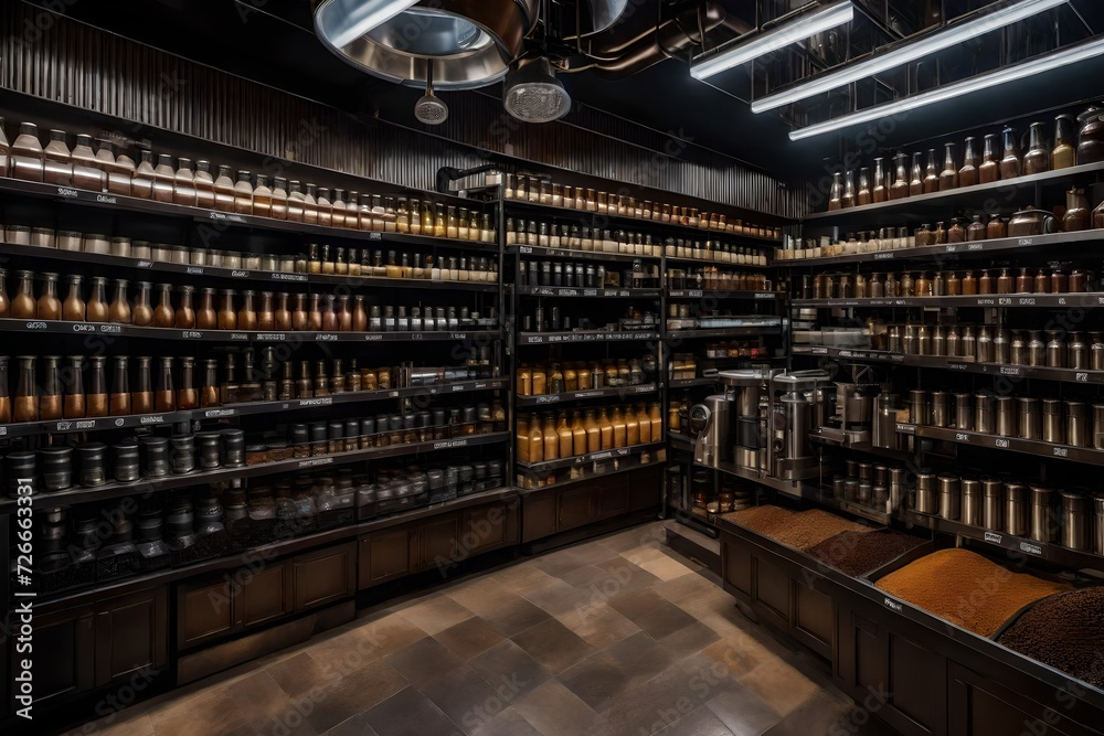 A coffee aisle with a choice of beans, grinders, and brewing equipment.