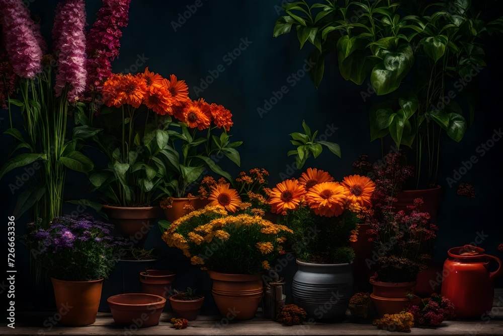 A lively display of seasonal flowers and potted plants. 