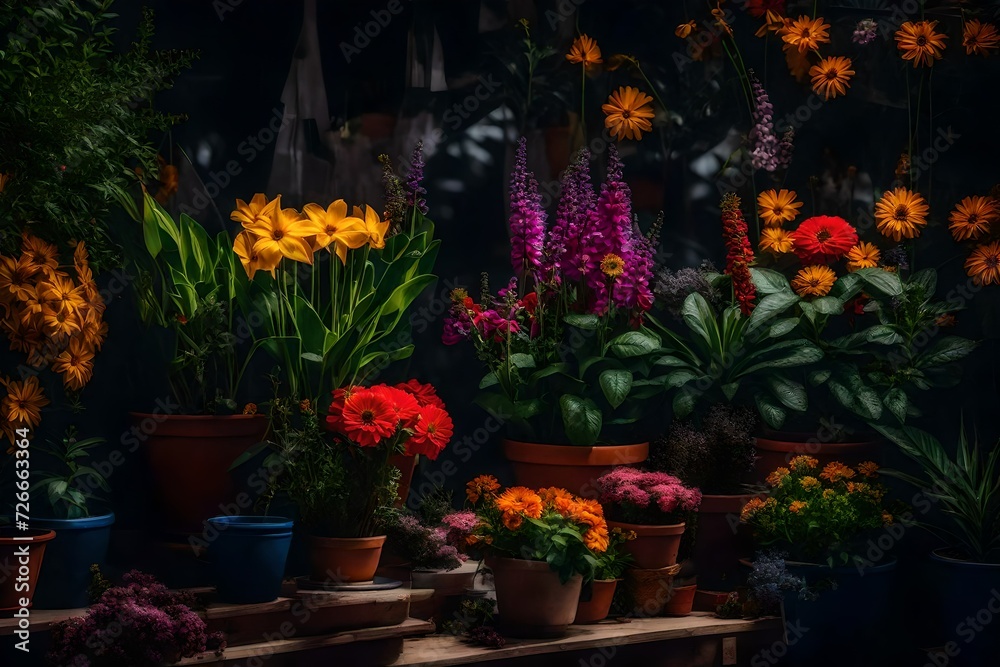 A vibrant display of seasonal flowers and potted plants 