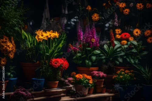 A vibrant display of seasonal flowers and potted plants 