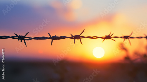 lose-up of a barbed wire against a blurred fence with a vibrant sunset in the background
