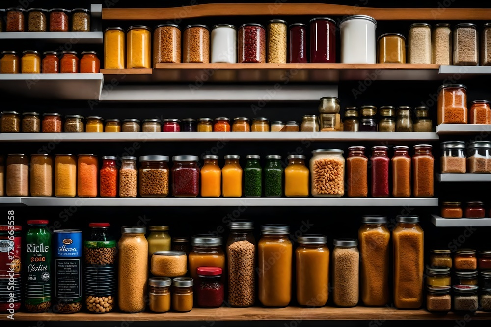 A close-up of a shelf containing nicely organized tinned items and pantry basics. A close-up of a shelf containing nicely organized tinned items and pantry basics.