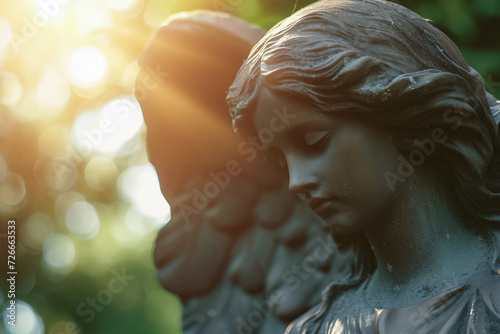 Sad angel statue, funeral service, grief, sorrow and mourning, condolences card or obituary notice photo