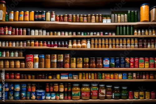 A close-up of a shelf with neatly organized canned products and pantry basics