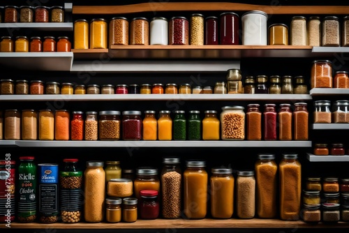A close-up of a shelf containing nicely organized tinned items and pantry basics.