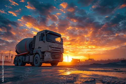 Cement truck machinery at dusk. Generative Ai.