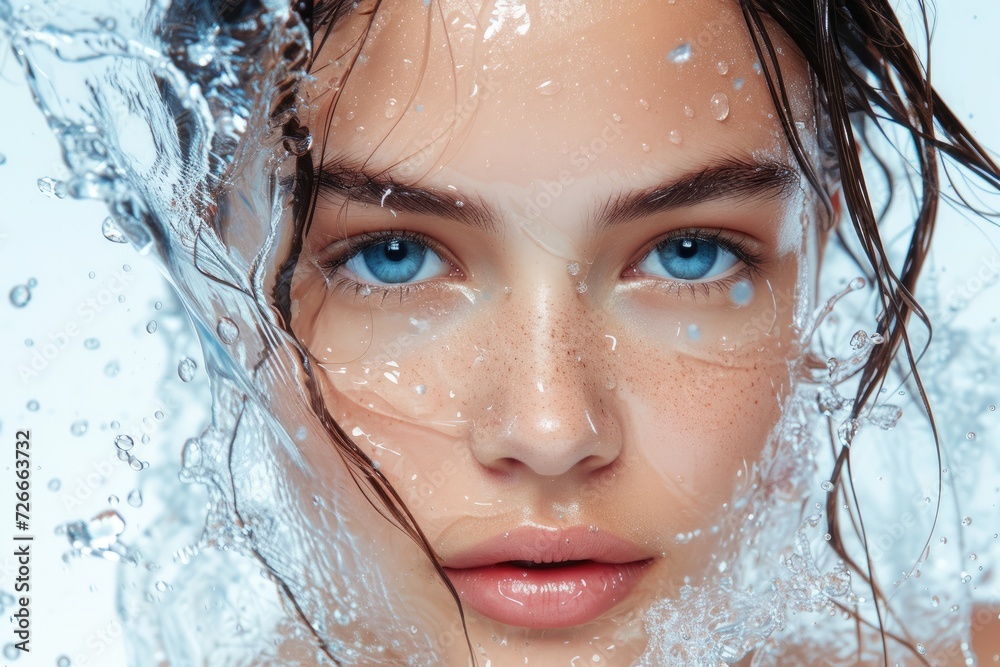 Beautiful young lady with a spray of water and clear skin. Generative Ai.
