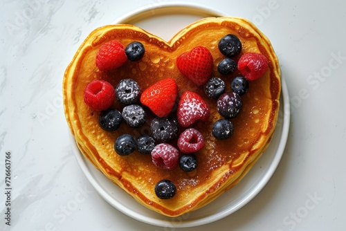 Berries on a pancake fashioned like a heart. Generative Ai. photo