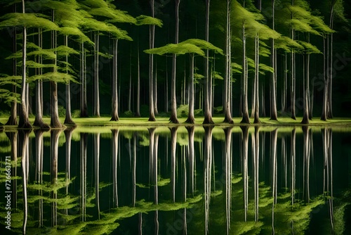 The reflection of a lush forest in a calm woodland lake  creating a mirror-like pattern of greenery and tree trunks on the water s surface