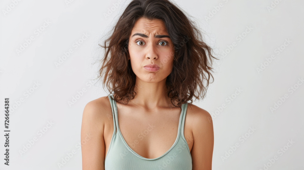 young woman with wavy brown hair is looking at the camera with a skeptical or slightly annoyed expression, wearing a light tank top against a plain light background young woman with wavy brown hair is looking at the camera with a skeptical or slightly annoyed expression, wearing a light tank top against a plain light background