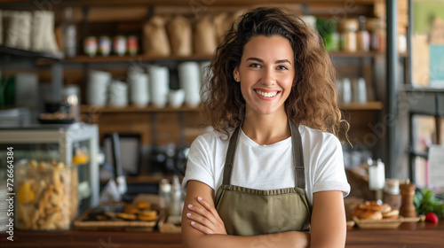 A beaming café owner exudes confidence and pride as she stands arms-crossed in the cozy confines of her beloved café.