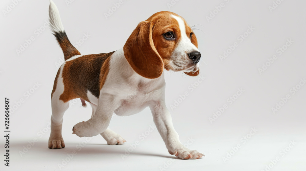 young beagle dog in mid-stride, looking to the side with a white background