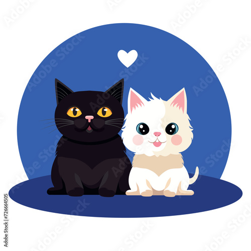 Black cat and white cat are in love. Romantic vector illustration