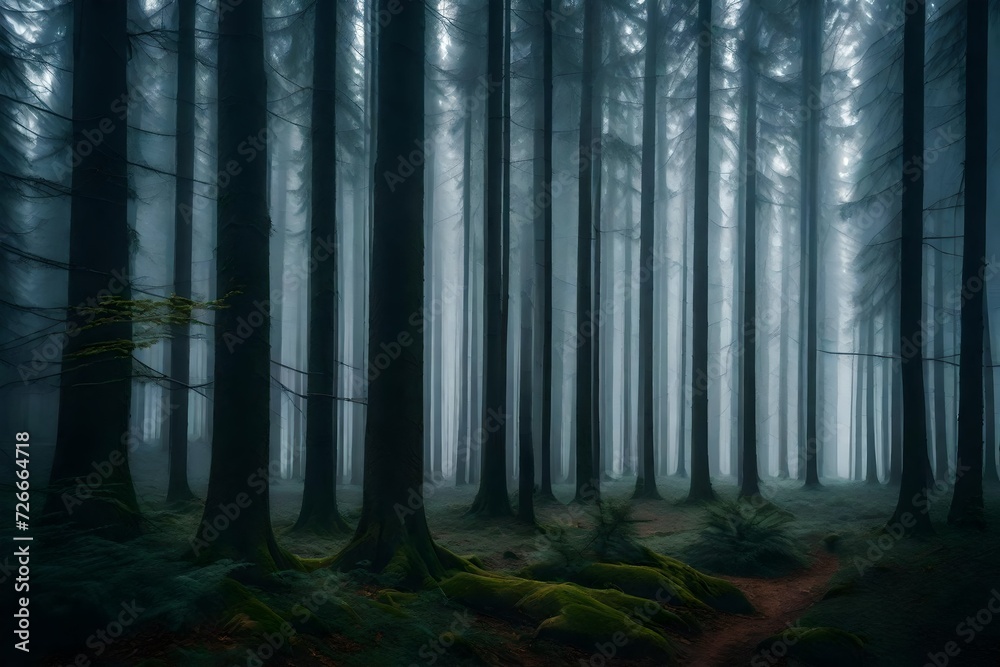A pattern of tree trunks in a misty forest creates a sense of depth and mystery in the atmospheric woodland image. - obrazy, fototapety, plakaty 