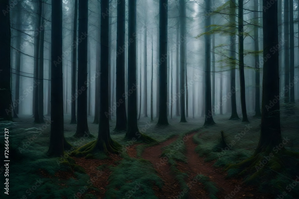 Naklejka premium A repeating pattern of tree trunks in a misty forest creates a sense of depth and mystery in the gloomy woodland setting