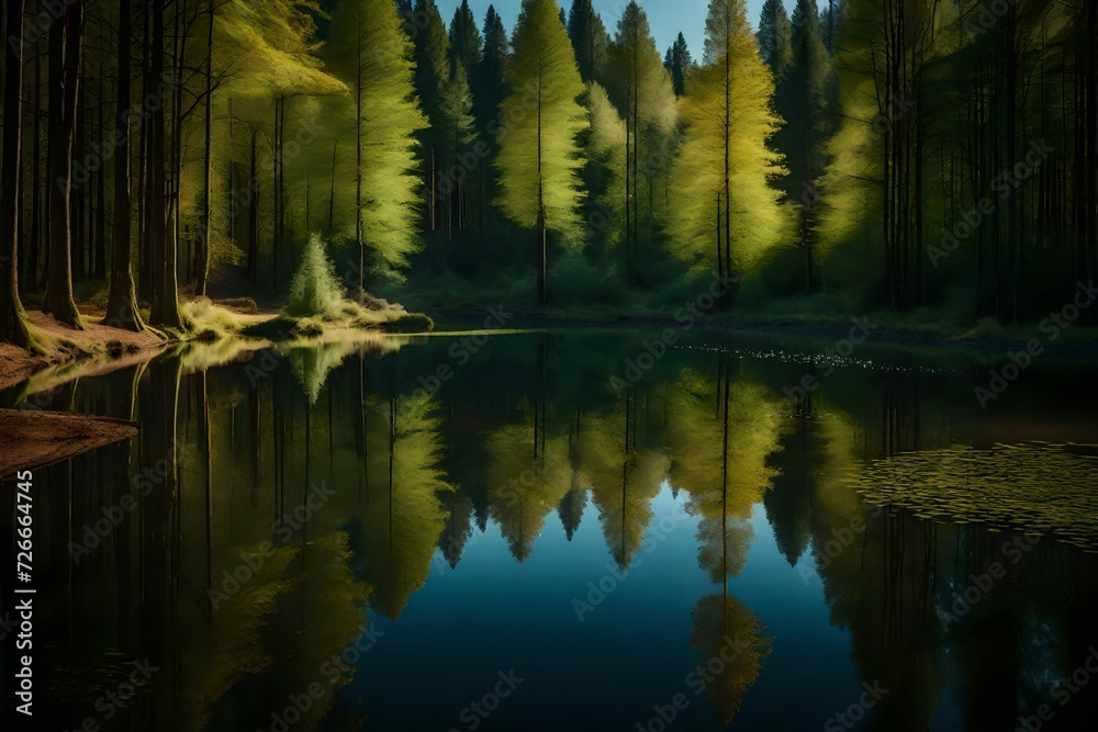 A peaceful forest pond surrounded by tall trees, reflecting the serene patterns of the surrounding woodland in the calm water