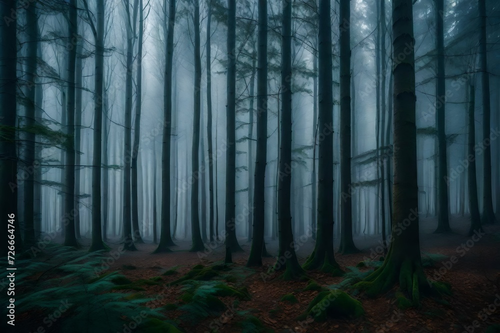 A repeating pattern of tree trunks in a misty forest, creating a sense of depth and mystery in the atmospheric woodland scene - obrazy, fototapety, plakaty 