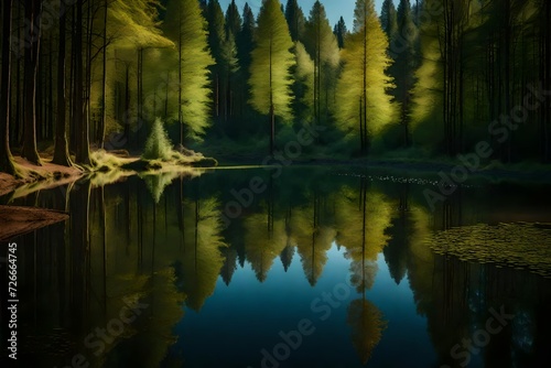 A peaceful forest pond surrounded by tall trees, reflecting the serene patterns of the surrounding woodland in the calm water