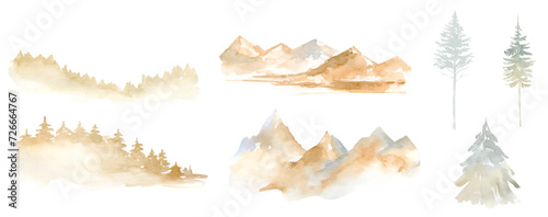 Mountain peak landscape watercolor vector clipart, trees in the mountains, cloud mountains, Watercolor forest landscape, Scenery illustration, pine tree, coniferous forest, spruce. 
