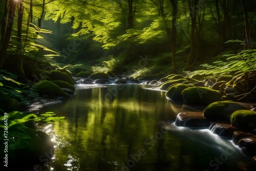 A peaceful forest stream  with sunshine pouring through the vegetation  creating a natural and relaxing pattern on the water s surface.