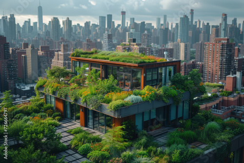 A drone shot of a rooftop garden in an urban setting, highlighting green initiatives in cityscapes. Concept of urban sustainability and green living. Generative Ai. © Sebastian