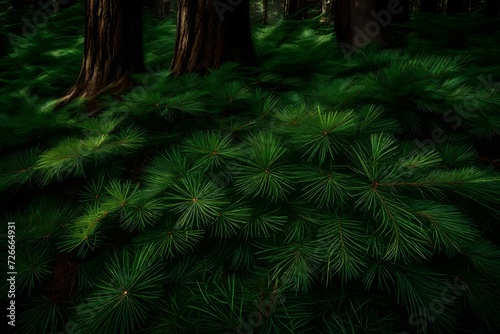 A close-up of pine needles covering the forest floor  forming a textured and fragrant pattern in the shaded understory of the trees 