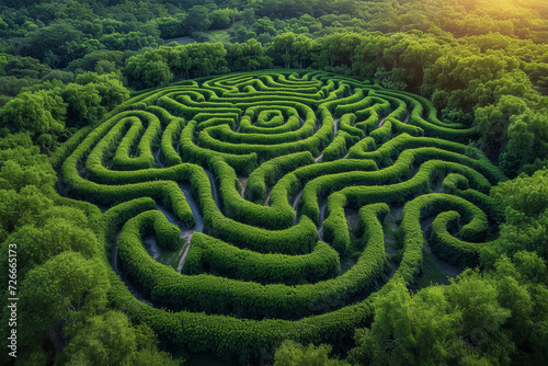 An aerial shot of a maze garden, with the intricate paths creating an artistic pattern. Concept of landscape design and recreational spaces. Generative Ai. photo