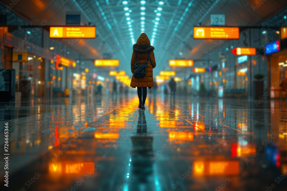A lone traveler at an airport, mask on, surrounded by signs reminding of safety protocols. Concept of travel and movement in the age of precautions. Generative Ai.